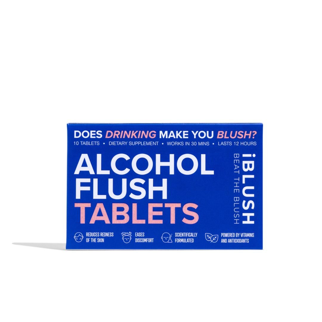Box of Asian Flush Tablets with blue and white design on a white background