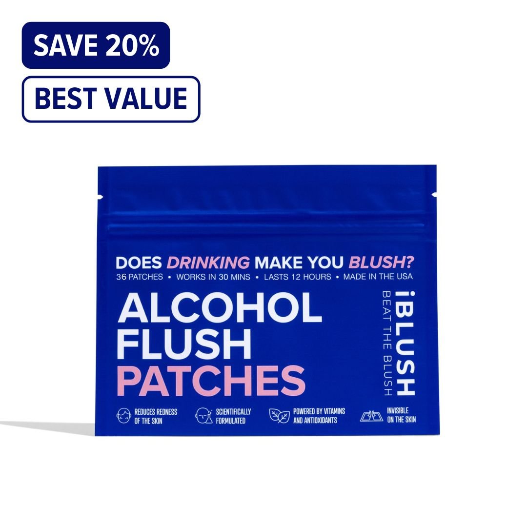 Alcohol flush patches packaging with promotional text on a white background