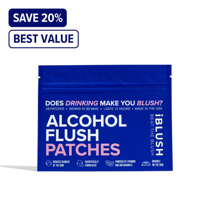 Alcohol flush patches packaging with promotional text on a white background
