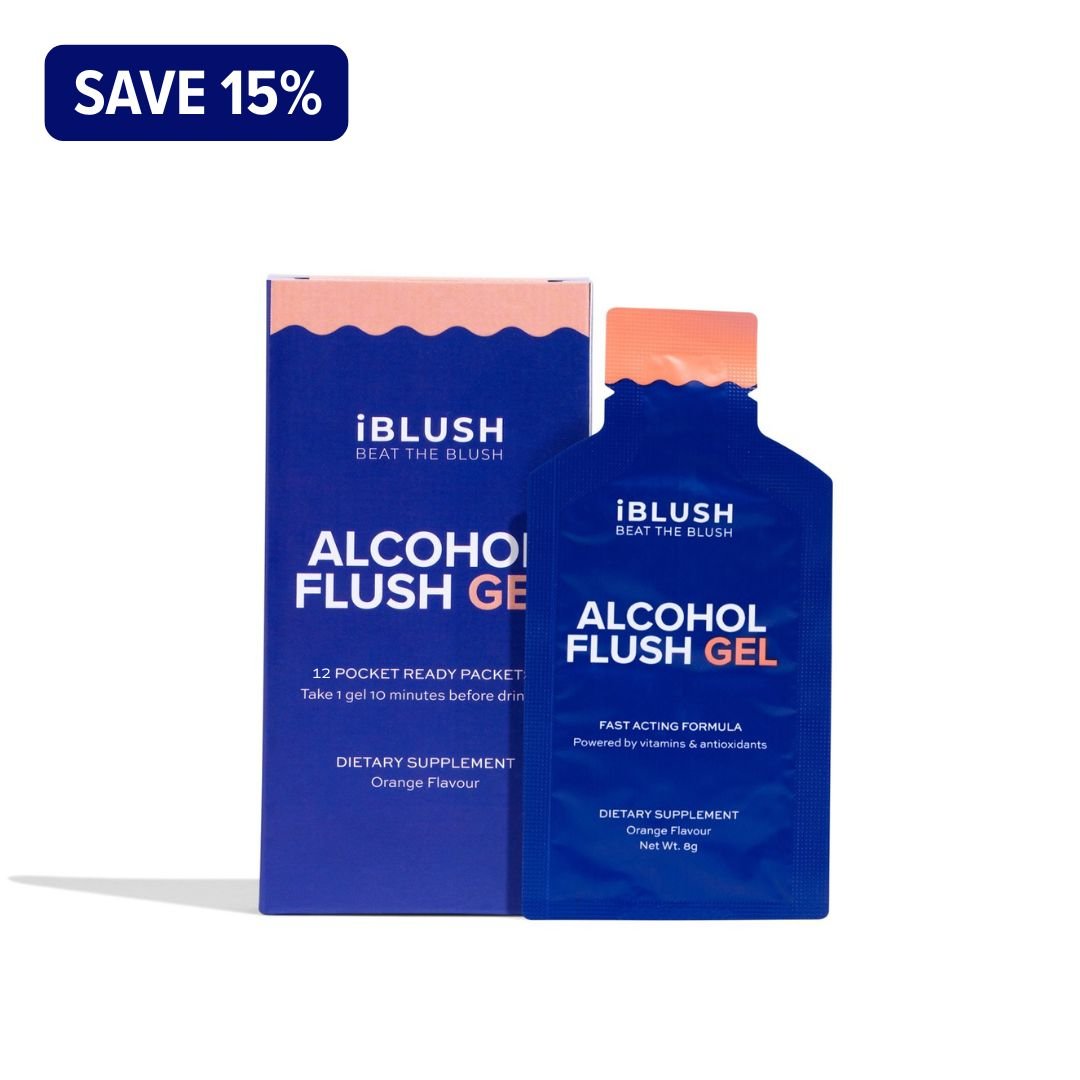 Alcohol Flush Gel packaging on a white background with a discount label.