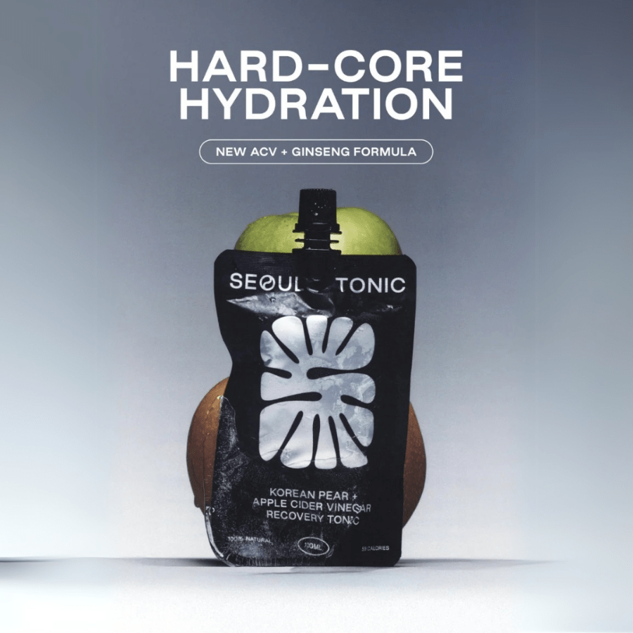 Seoul Tonic packaging with text 'Hard-Core Hydration' and 'New ACV + Ginseng Formula'.