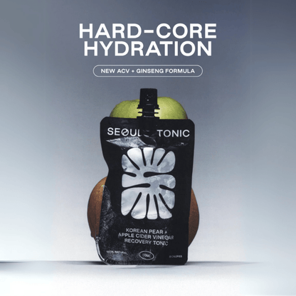 Seoul Tonic packaging with text 'Hard-Core Hydration' and 'New ACV + Ginseng Formula'.