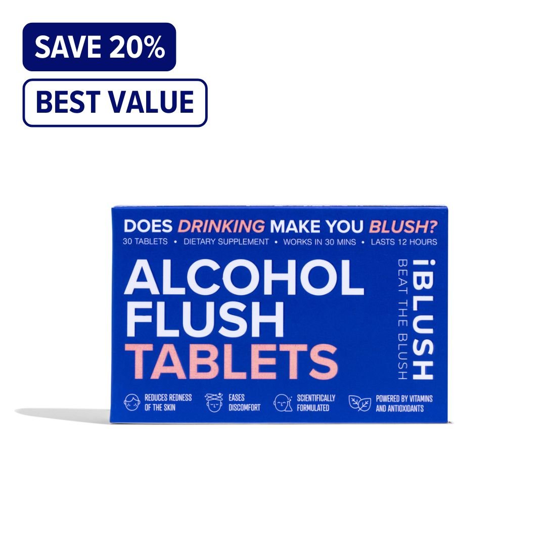 Alcohol Flush Tablets packaging with promotional text on a white background