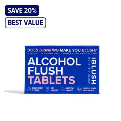 Alcohol Flush Tablets packaging with promotional text on a white background