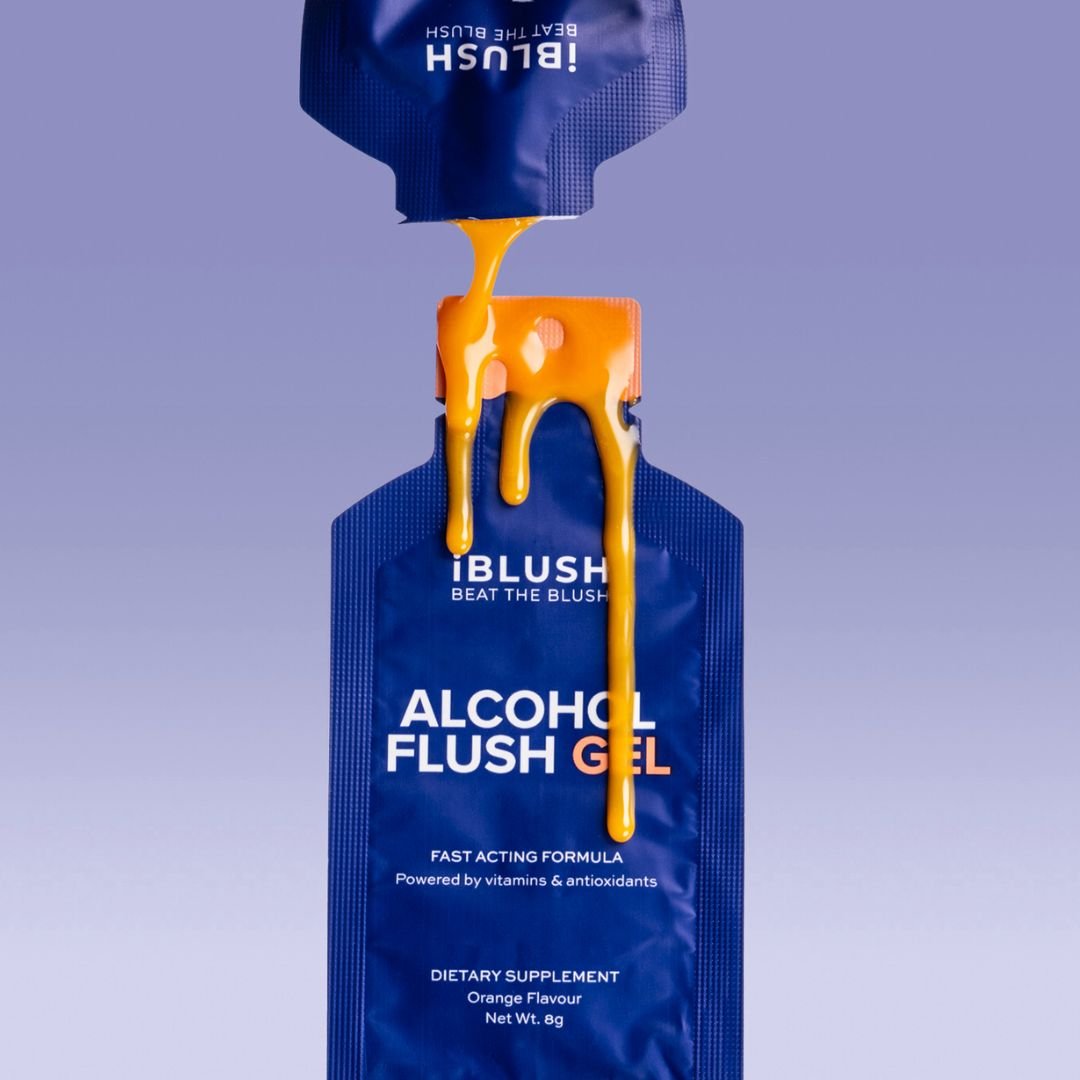 Alcohol Flush Gel packaging with gel being poured out on a purple background