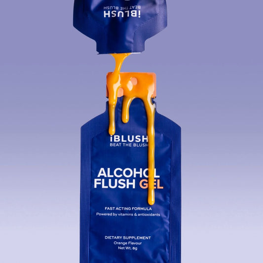 Alcohol Flush Gel packaging with gel being poured out on a purple background