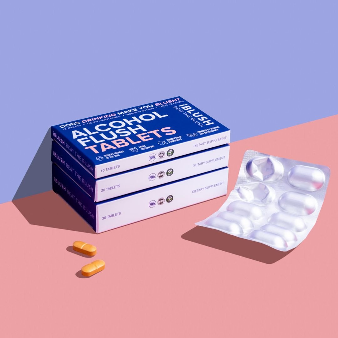 Box of Alcohol Flush Tablets with packaging on a pink and blue background