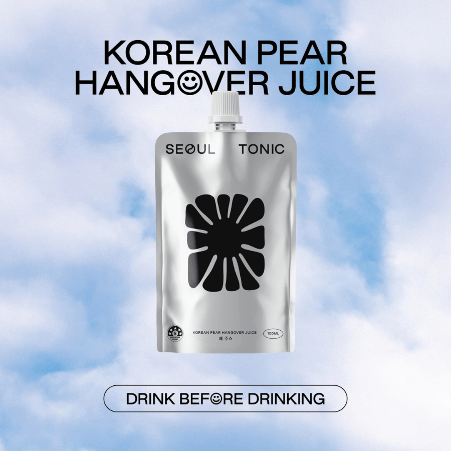 Seoul Tonic Korean Pear Hangover Juice package with a blue sky background