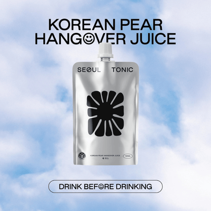 Seoul Tonic Korean Pear Hangover Juice package with a blue sky background