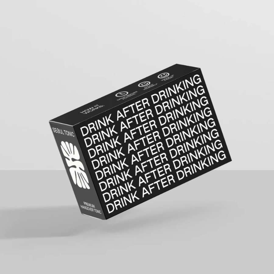 Black box of Seoul Tonic with white text and branding on a gray background