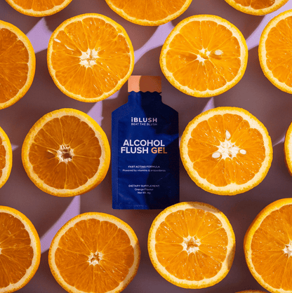 iBlush Alcohol Flush Gel with sliced oranges, orange-flavoured supplement for Asian flush and redness relief