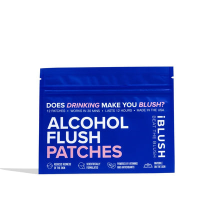 Alcohol flush patches packaging with blue background and white text.