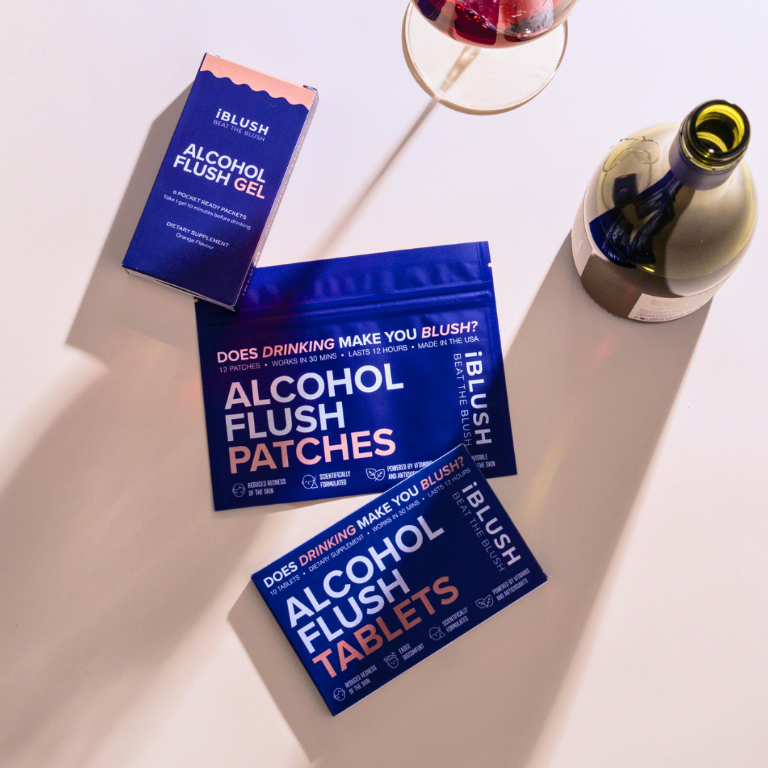 Side-by-side display of the iBlush Starting Out Bundle, featuring the Alcohol Flush Gel, Tablets, and Patch, offering complete alcohol flush support in one package.