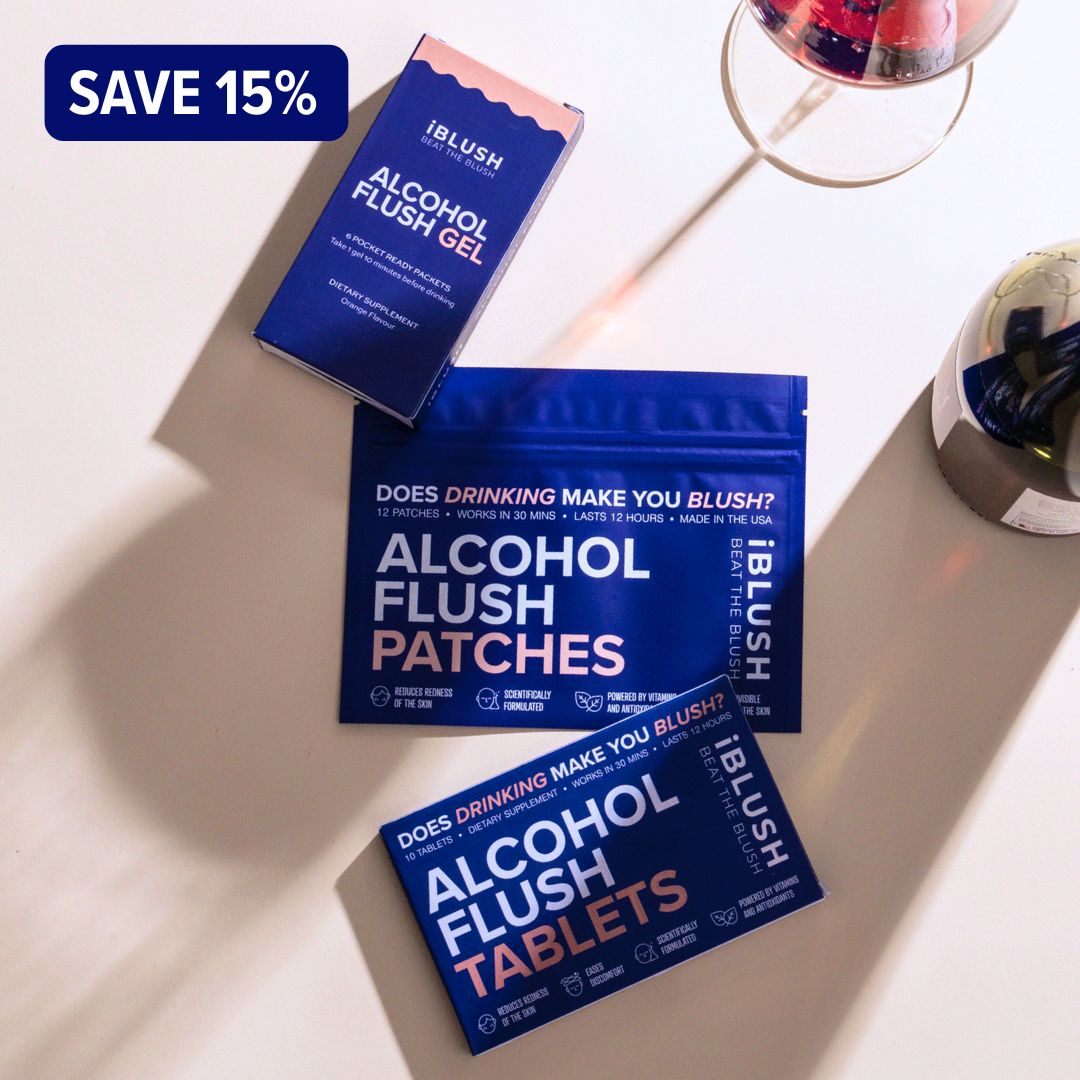 iBlush alcohol flush products including gel, patches, and tablets on a light surface.