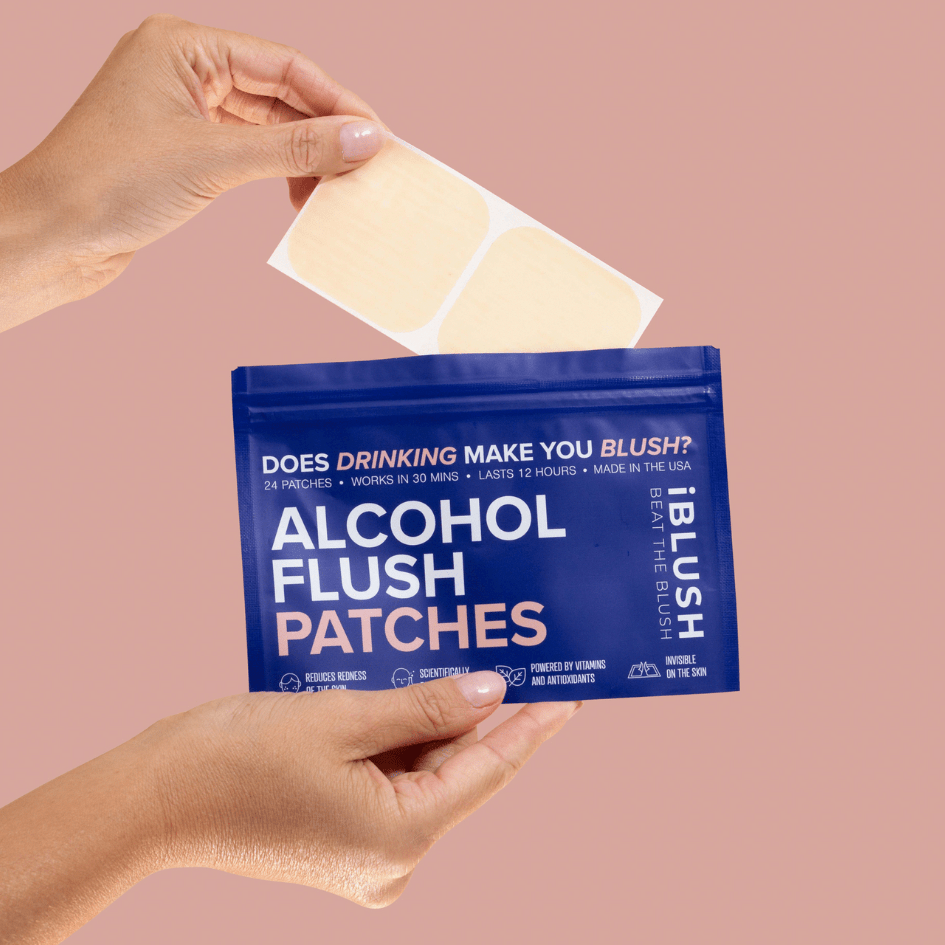 iBlush alcohol flush and hangover recovery patches and packaging with a pink background

