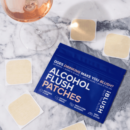 iBlush Alcohol Flush Patches on marble surface with packaging, designed to reduce redness and wine-related symptoms